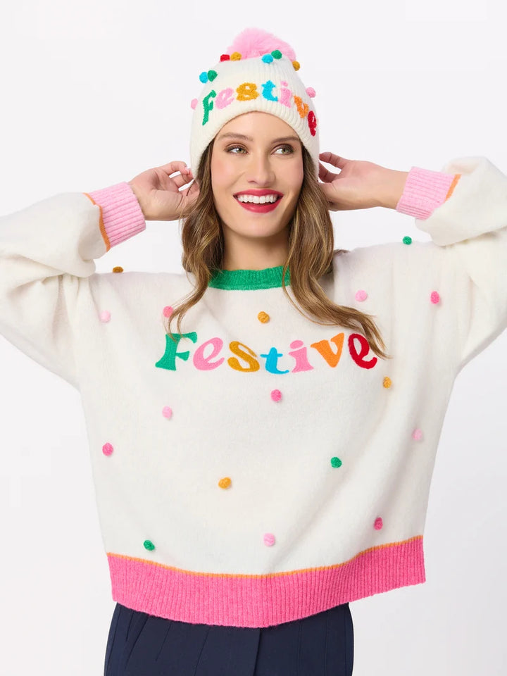 Shiraleah "Festive" Pom Pom Relaxed Sweater, Ivory