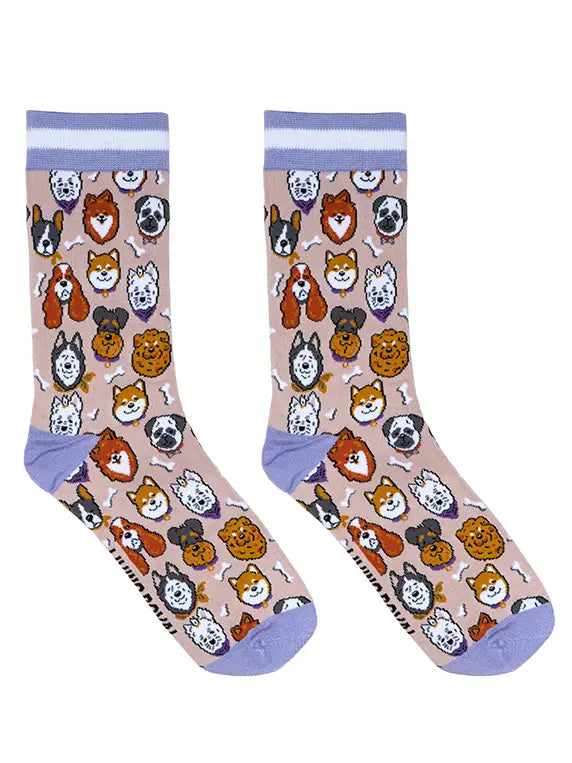 Women's Bamboo Crew Socks - Dog Heads - Tan & Purple