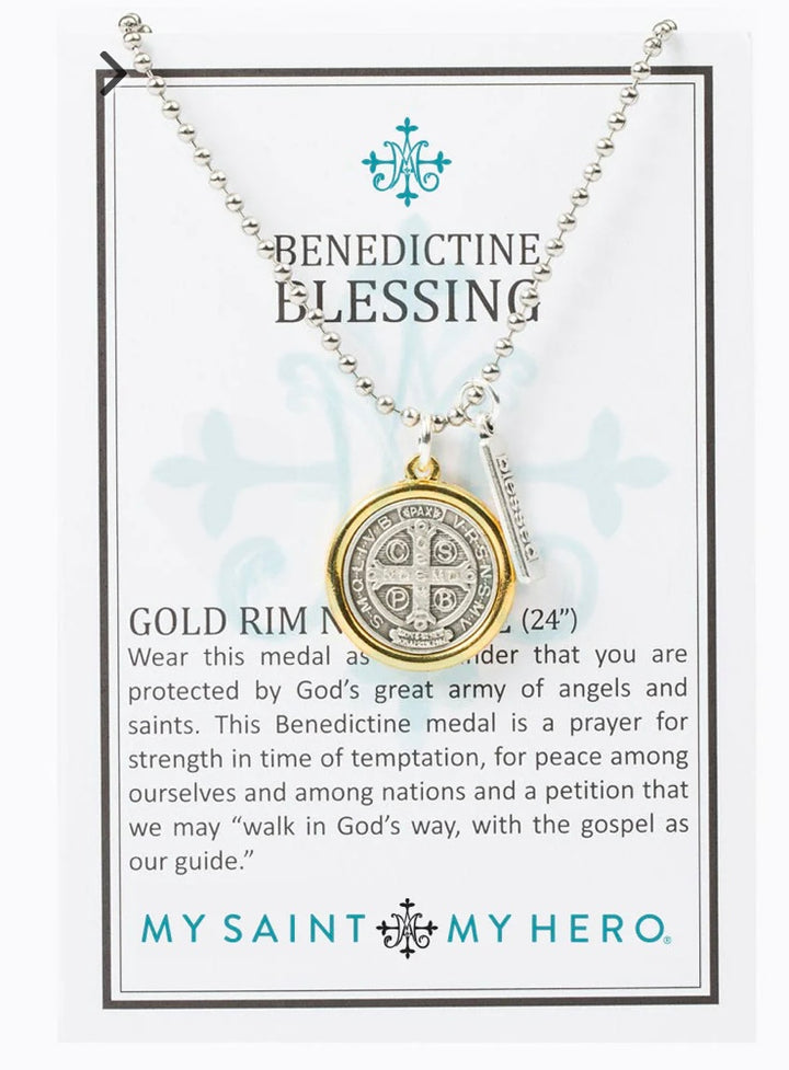 My Saint My Hero Benedictine Blessing Gold Rim Necklace