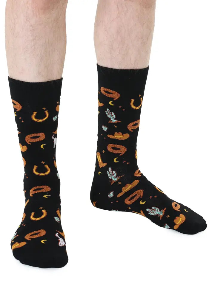 Men's Bamboo Crew Socks - Western Cowboy - Black & Brown