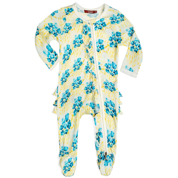 Sky Floral Bamboo Ruffle Zipper Footed Romper