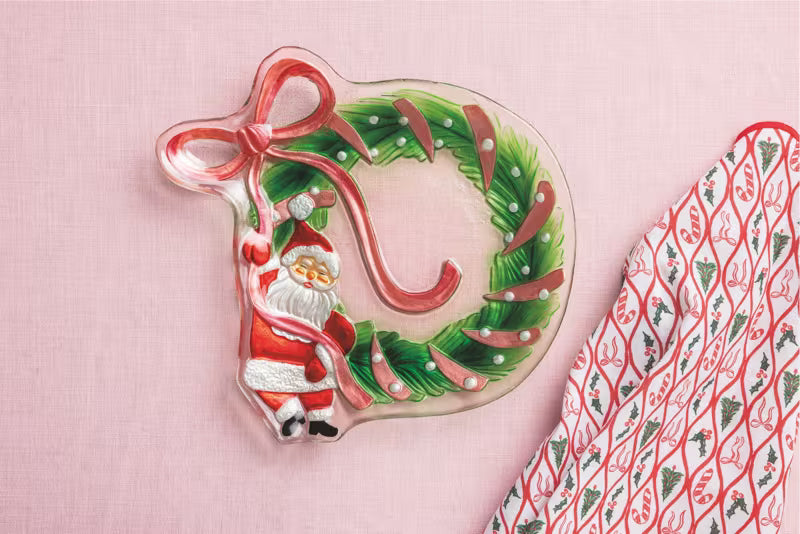 Santa Bow Wreath Glass Platter