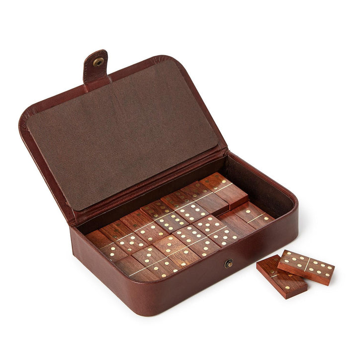 Chestnut Genuine Leather Domino Set Includes: 28 Wood Domino Pieces - Genuine Leather/Acacia Wood/Brass/MDF