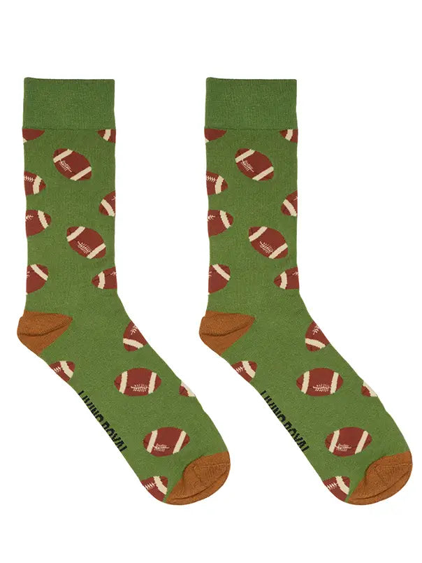 Men's Bamboo Crew Socks - Footballs - Green & Brown