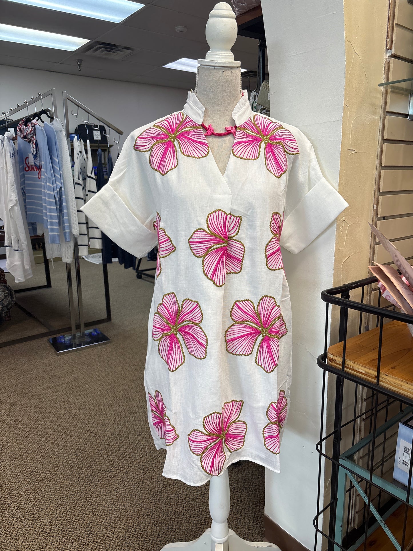 White Ruffled Neck dress with Embroidered Flowers