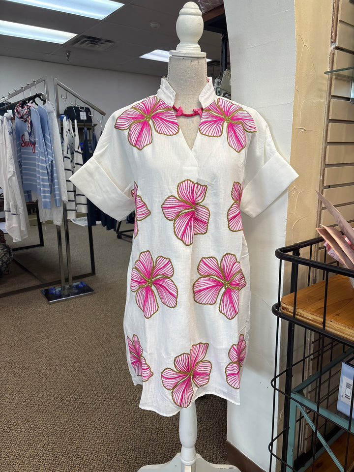 White Ruffled Neck dress with Embroidered Flowers