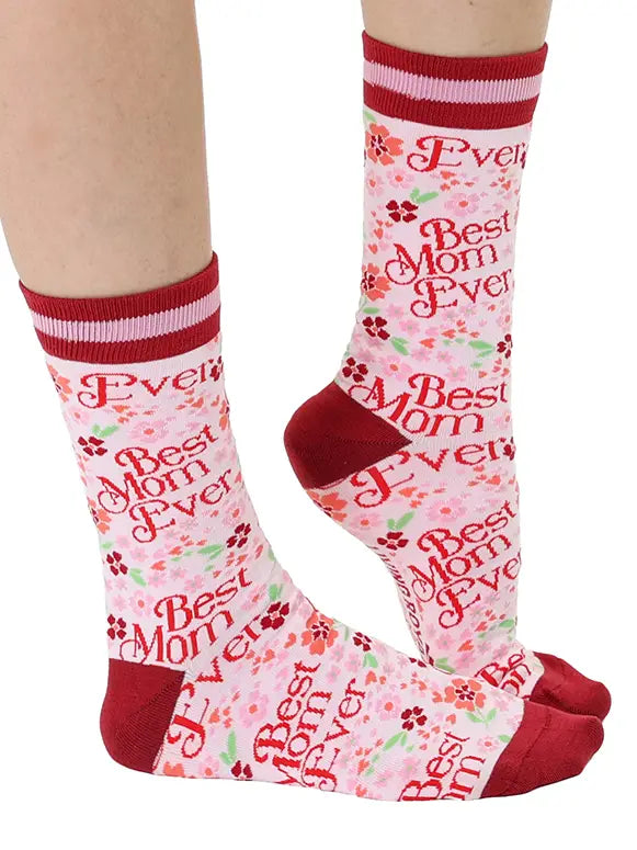 Women's Bamboo Crew Socks - "Best Mom Ever" - Red & Pink