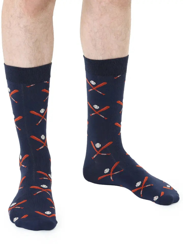 Men's Bamboo Crew Socks - Baseball - Navy Blue & Brown