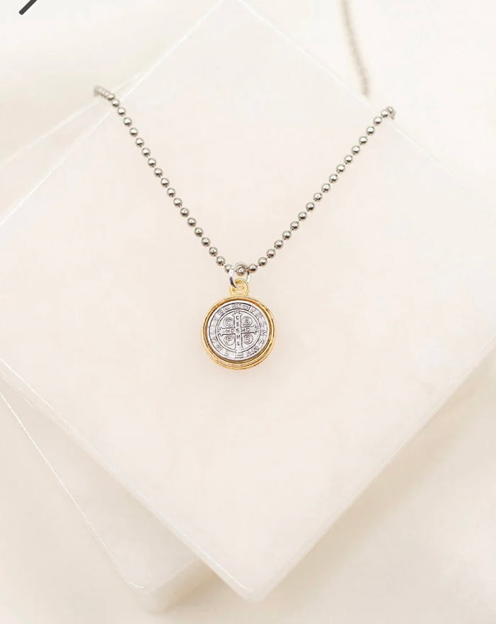 My Saint My Hero Benedictine Blessing Gold Rim Necklace