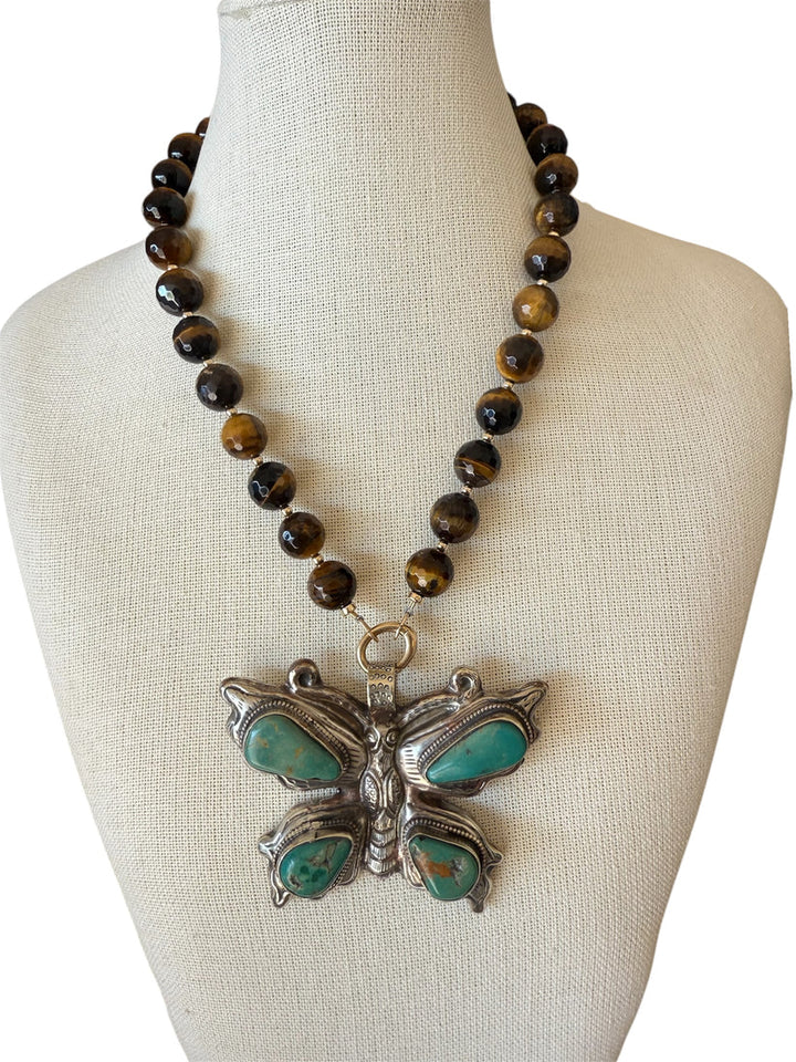 Tiger Eye Beaded Necklace w/Butterfly