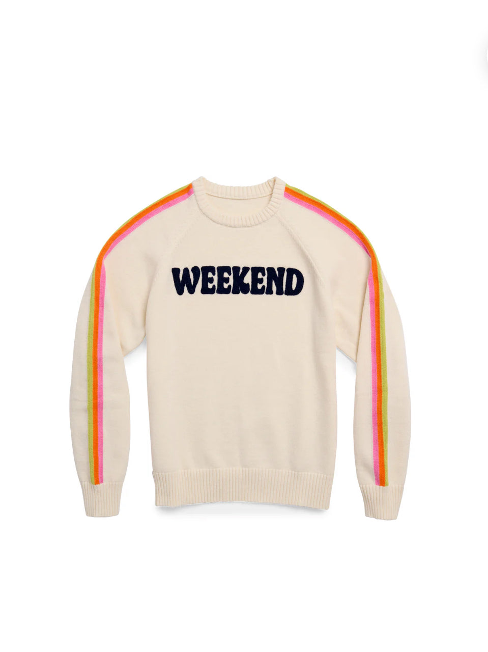 Shiraleah ivory knit “Weekend” sweater with track lined sleeves.