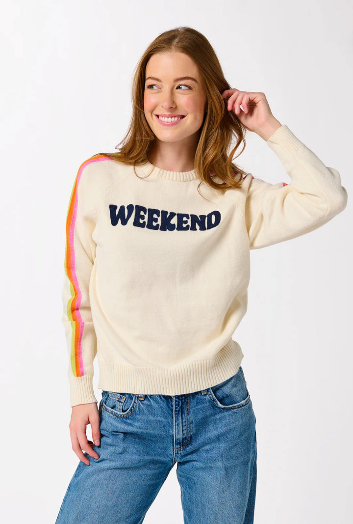 Shiraleah ivory knit “Weekend” sweater with track lined sleeves.