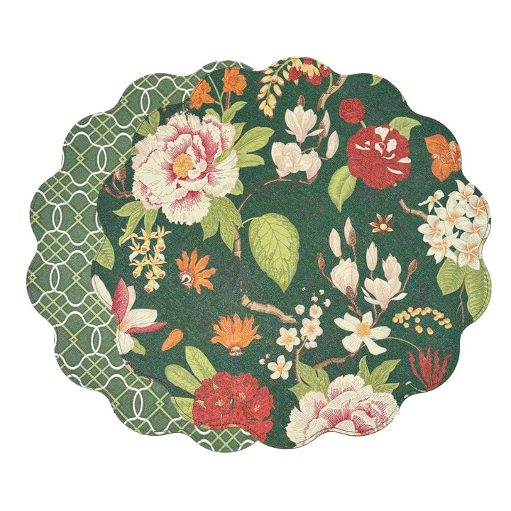 VIDA Cabbage Roses and Trellis Reversible Round Placemats Set of 4 Green & Red
