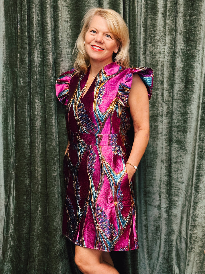 THML Flutter Dress-purple metallic embellished with designs in blue, sliver, copper.