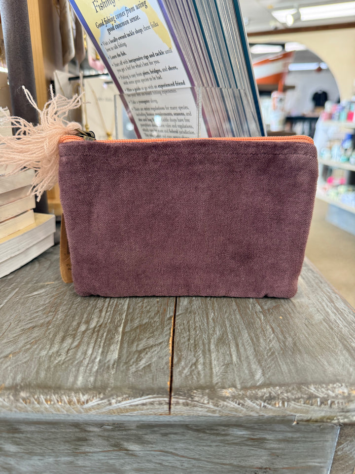 Purple Cotton Velvet Zip Pouch with Tassel