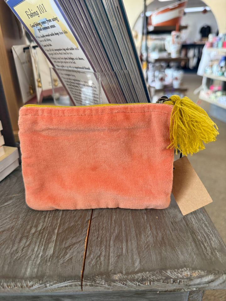 Coral Cotton Velvet Zip Pouch with Tassel