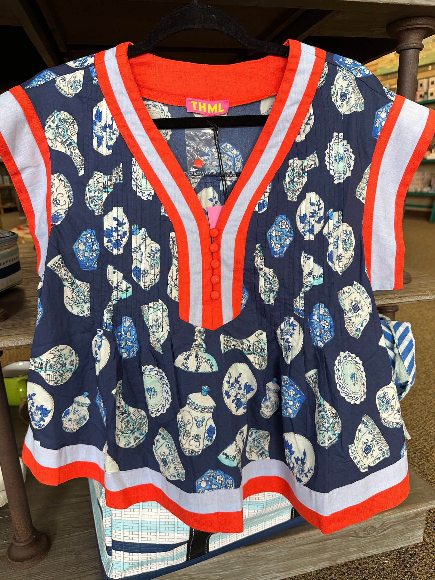 Navy Blue Chinoiserie Jar Pattern Blouse