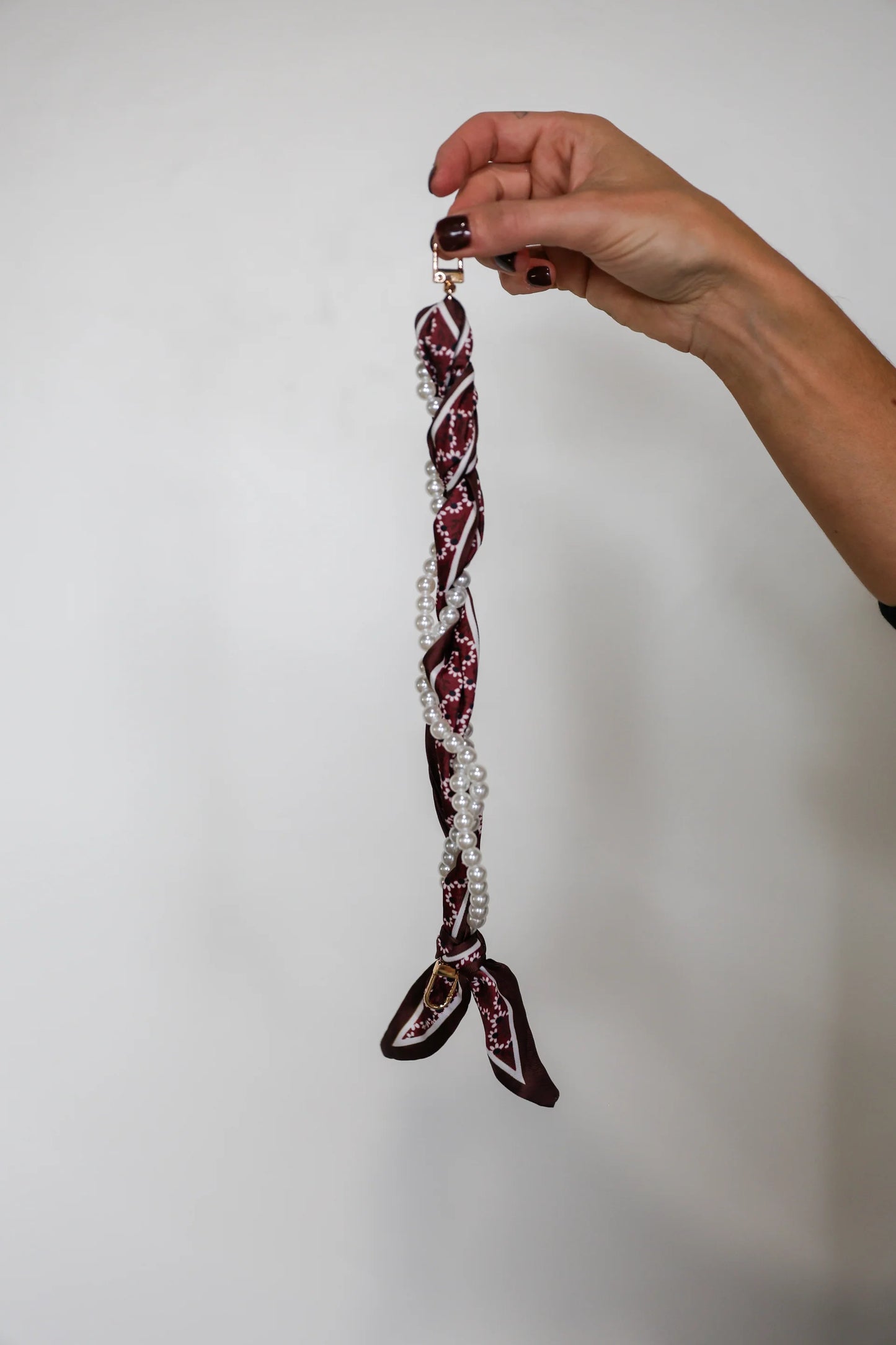 Maroon Woven Scarf Pearl Phone Strap/Wristlet