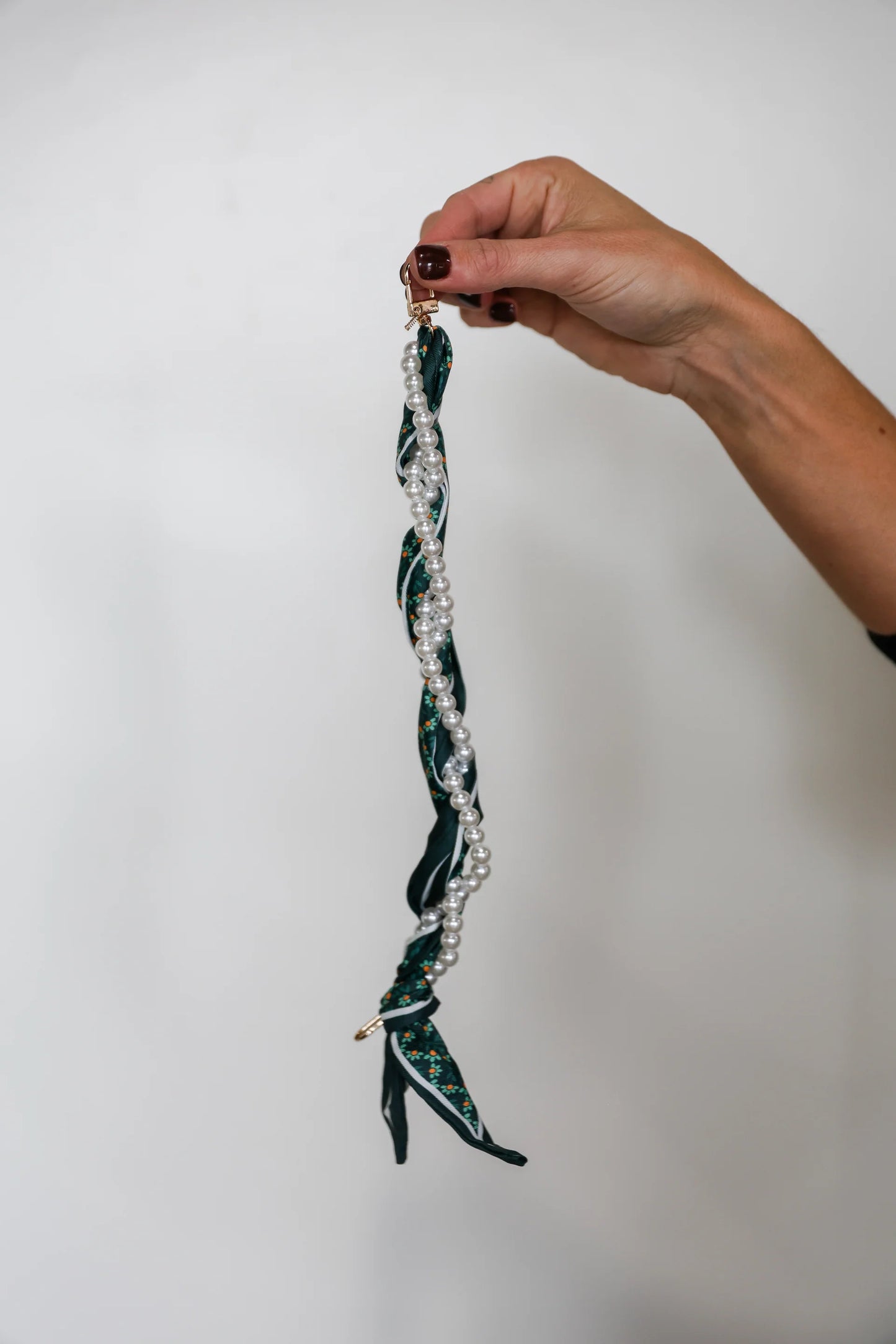GREEN AND GOLD Woven Scarf Pearl Phone Strap/Wristlet