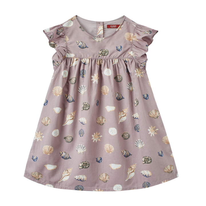 “Purple Seashells” Butterfly Sleeve Ruffle Dress