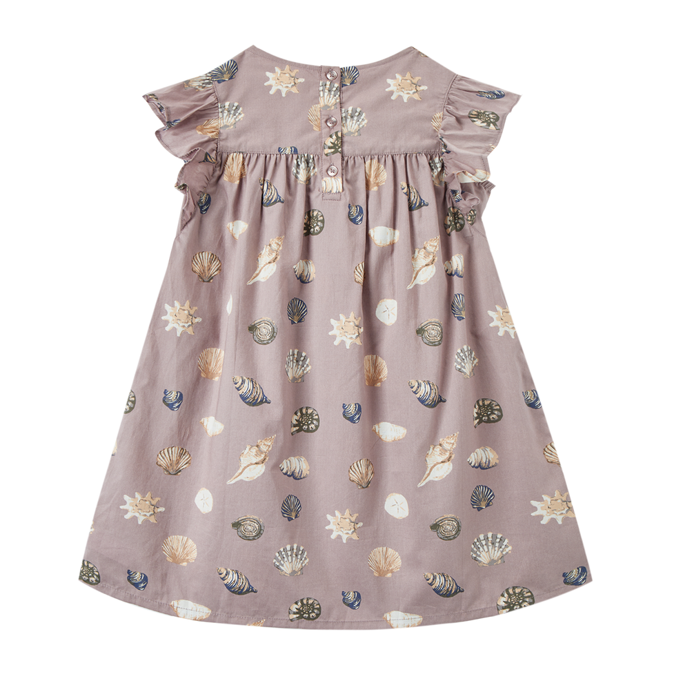 “Purple Seashells” Butterfly Sleeve Ruffle Dress
