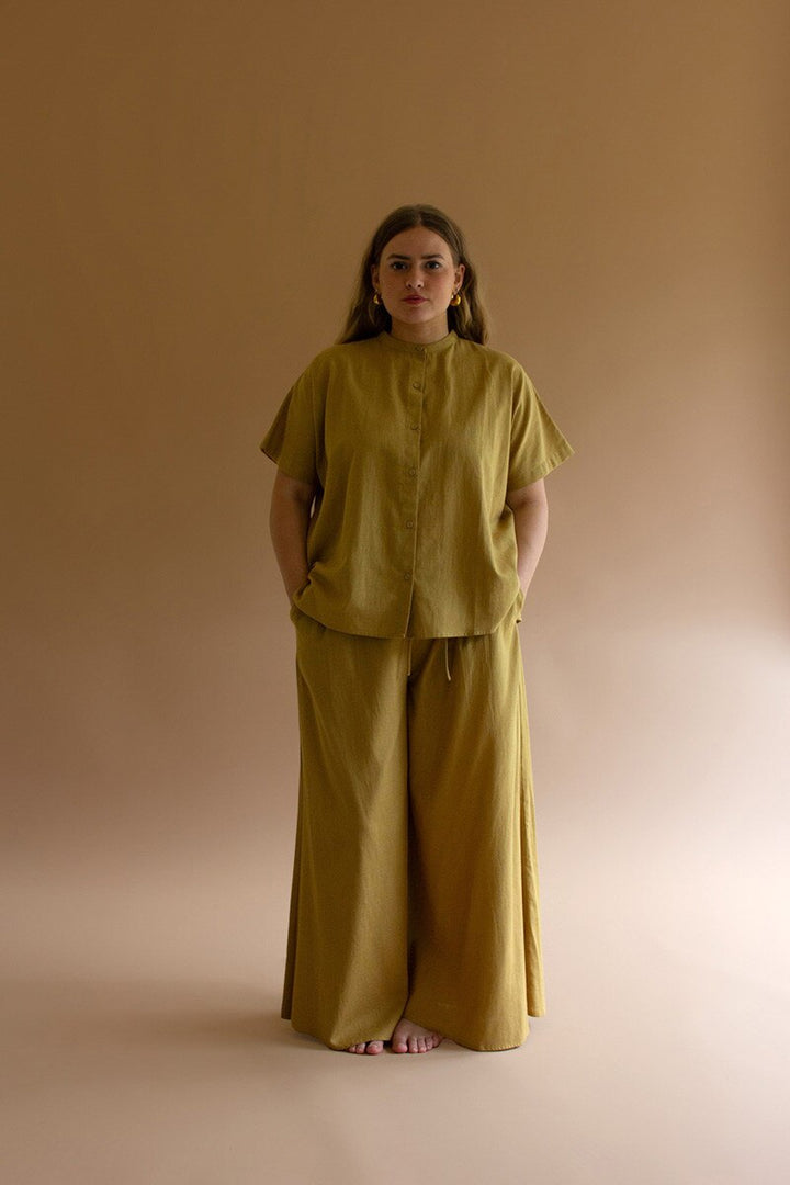 High-Neck Buttondown Short-Sleeve Blouse