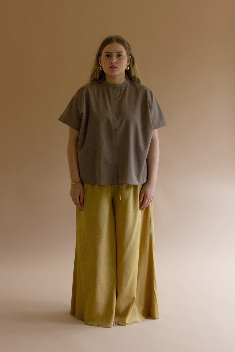 High-Neck Buttondown Short-Sleeve Blouse