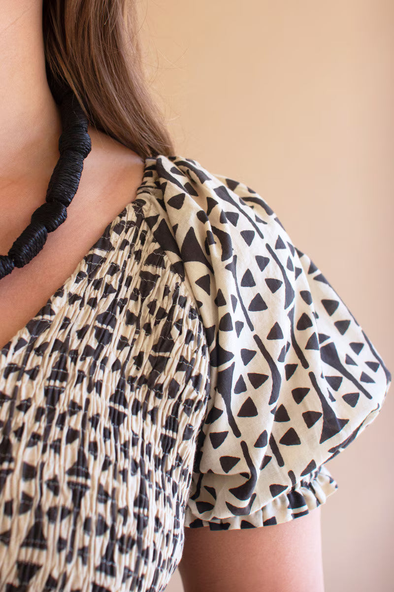 Short-Sleeve Printed Dress with Smocked Bodice