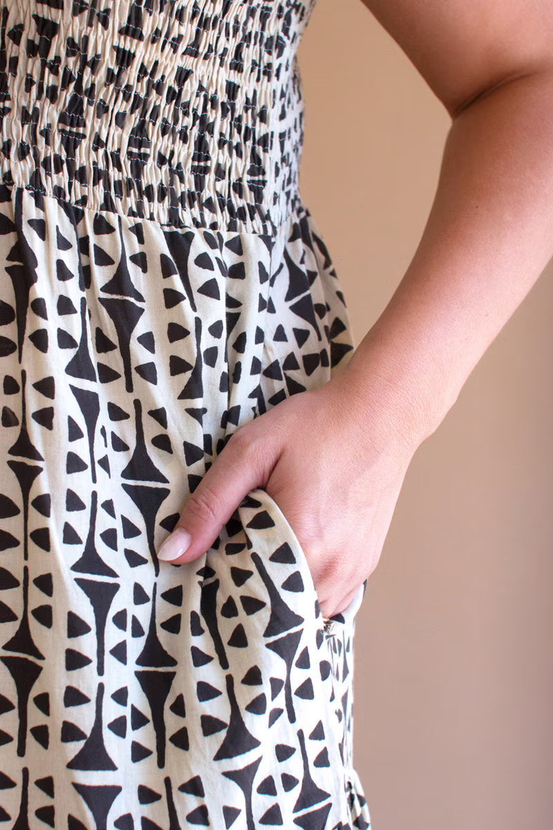 Short-Sleeve Printed Dress with Smocked Bodice