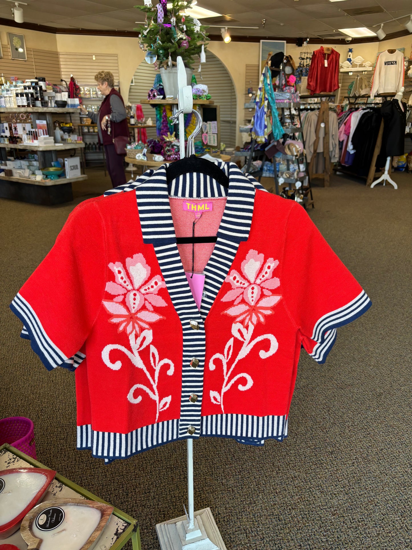 Red with Navy Stripe Trim Knit Cardigan
