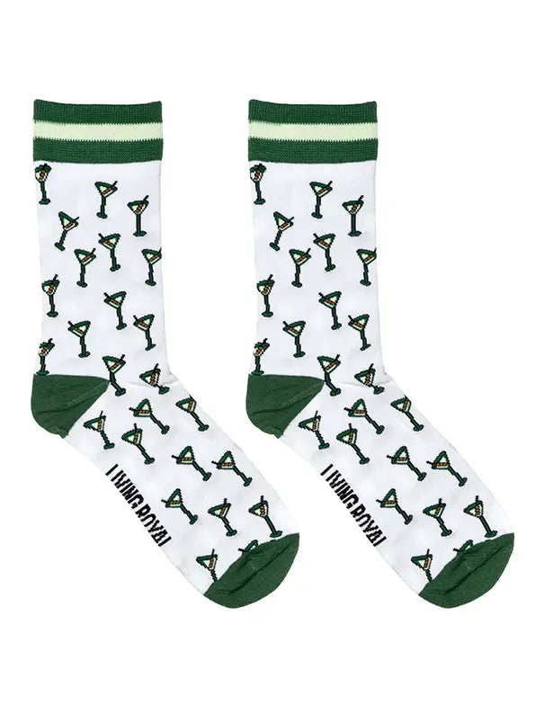 Women's Bamboo Crew Socks - Martini Glasses - Green & White