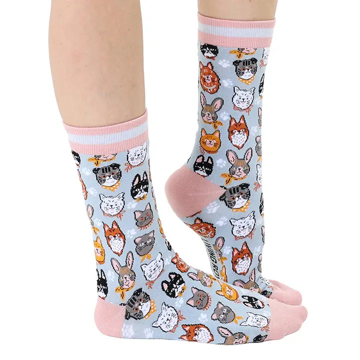 Women's Bamboo Crew Socks - Cat Heads - Pink & Blue