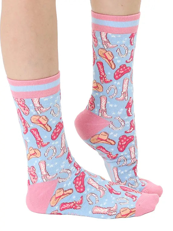 Women's Bamboo Crew Socks - Western Cowgirl - Pink & Blue