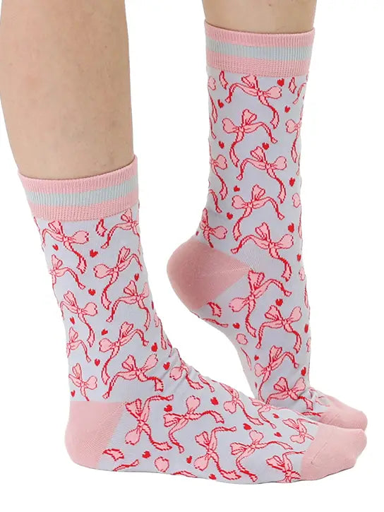 Women's Bamboo Crew Socks - Hearts & Bows - Pink & Blue