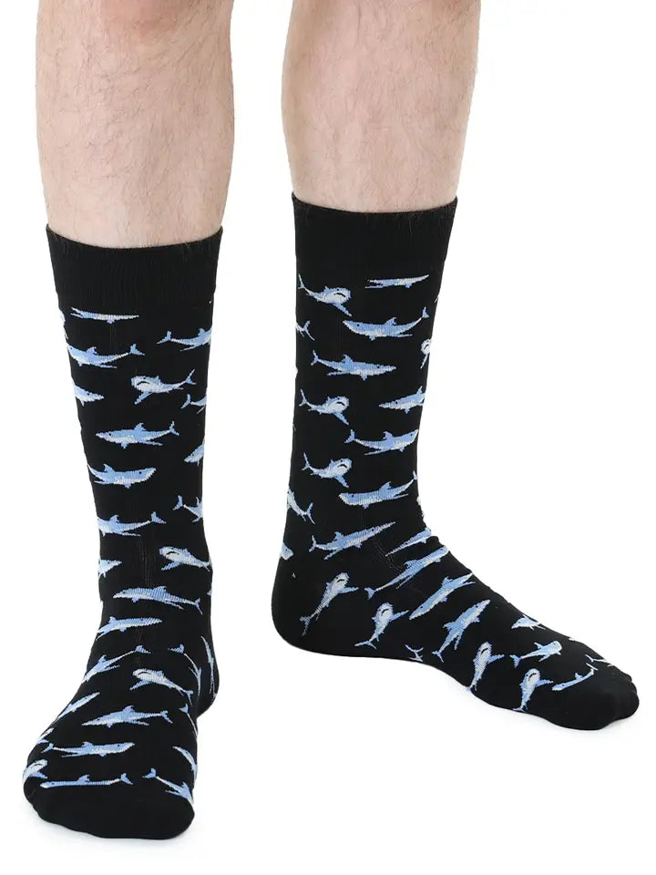 Men's Bamboo Crew Socks - Sharks - Black & Blue