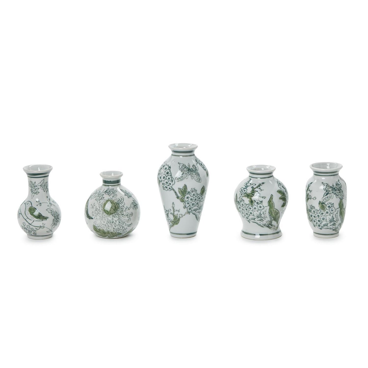 Primrose and Lotus Hand-Painted Mini Green and White Chinoiserie Vase - Tall Neck