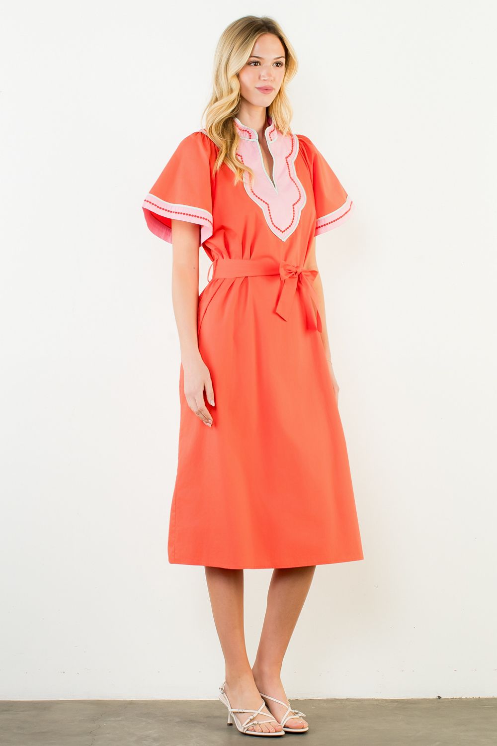 Orange w/Scalloped V-Neck Dress