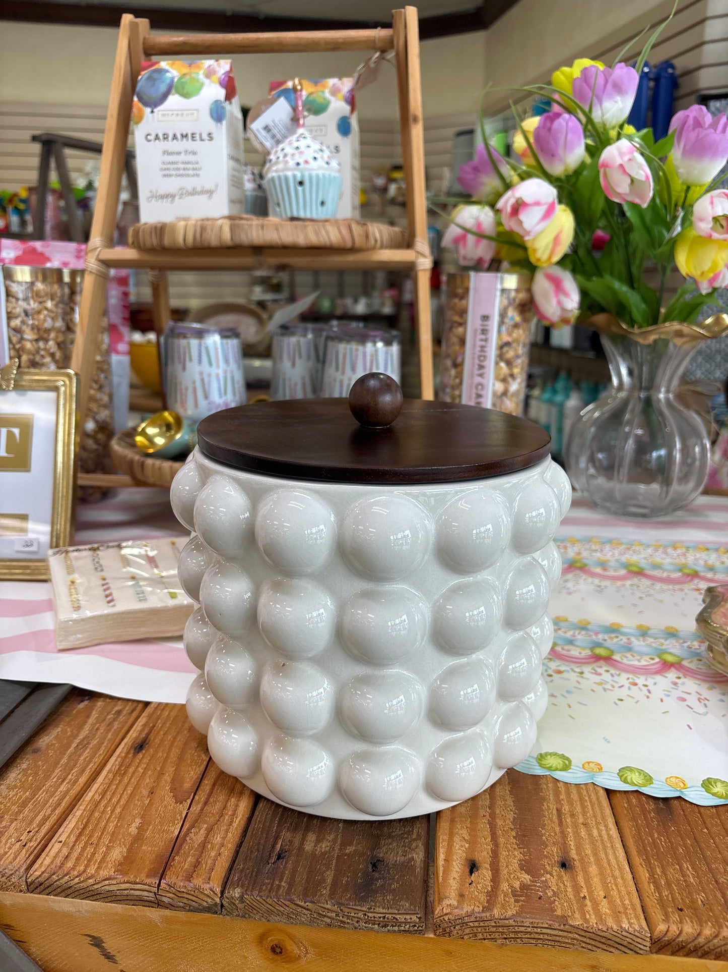 Round Stoneware Canister with Raised Dots and Acacia Wood Lid, White and Natural
