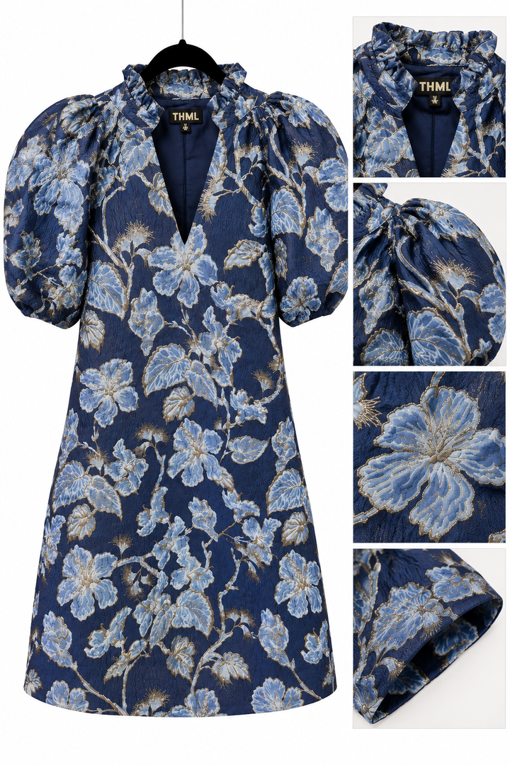 THML Navy Floral Jacquard Knee-Length Dress