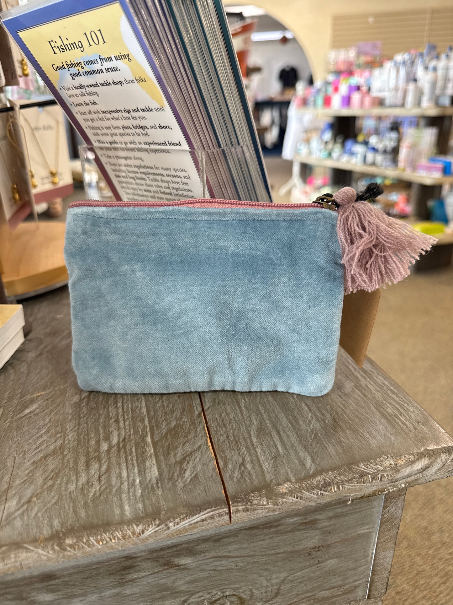 Blue Cotton Velvet Zip Pouch with Tassel