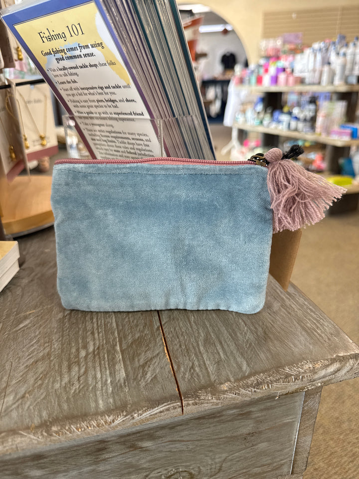 Blue Cotton Velvet Zip Pouch with Tassel
