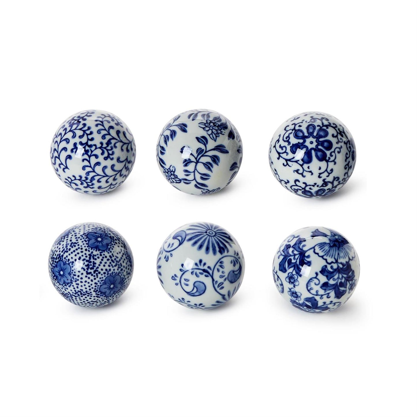 Chinoiserie Set of 6 Hand-Painted Blue and White Decorative Balls - Porcelain