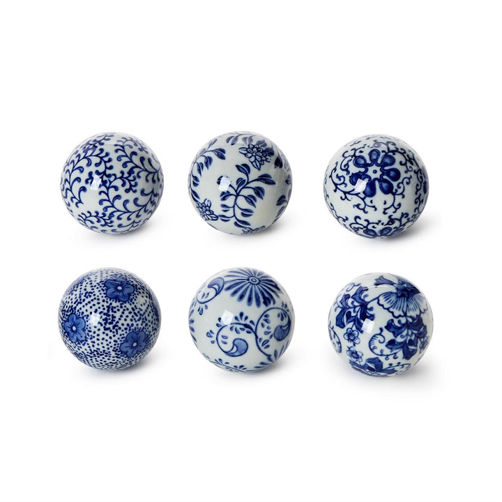 Chinoiserie Set of 6 Hand-Painted Blue and White Decorative Balls - Porcelain