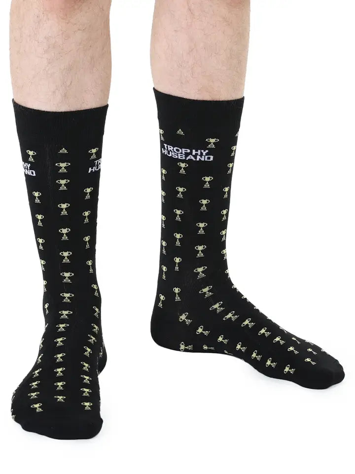 Men's Bamboo Crew Socks - "Trophy Husband" - Black