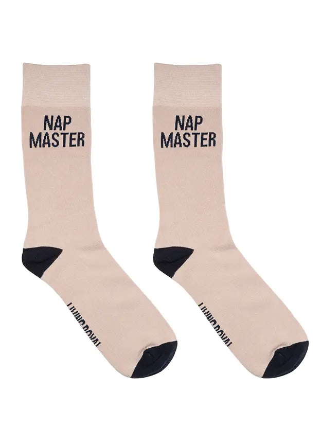 Men's Bamboo Crew Socks - "Nap Master" - Beige & Black