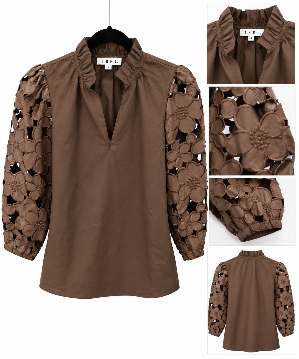 THML Chocolate Brown Floral Cutout Sleeve Blouse