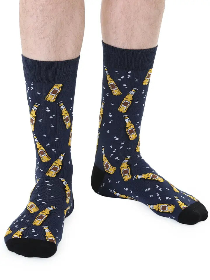 Men's Bamboo Crew Socks - Beer Bottles - Blue & Yellow