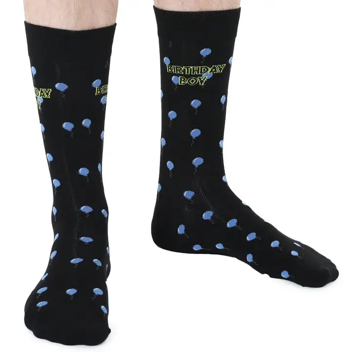 Men's Bamboo Crew Socks - "Birthday Boy" - Black & Blue