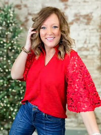 THML Red Eyelet Corduroy Top