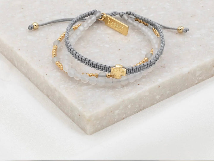 My Saint My Hero                             Be Still Prayer Bracelet            Frosted Quartz